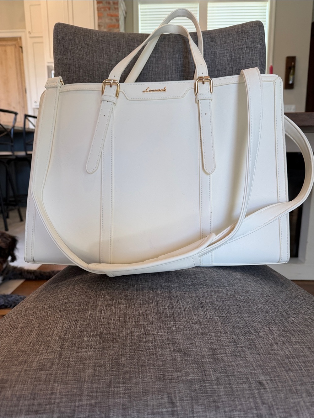 Loveook White Leather Tote Bag/ Laptop Bag w/ Shoulder Strap and mini zipper bag